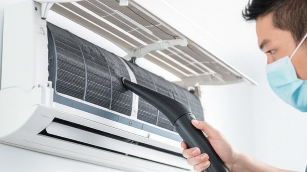 Dùng máy hút bụi cẩn thận hút sạch bụi bẩn bám trên dàn lạnh và cánh quạt của máy điều hòa.