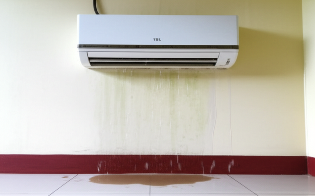 Hiện tượng điều hòa TCL chảy nước gây ẩm ướt, có thể do tắc ống thoát nước hoặc dàn lạnh bị đóng băng.