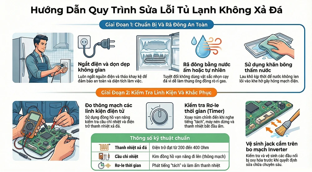 Quy trình thực hiện cách sửa tủ lạnh không xả đá