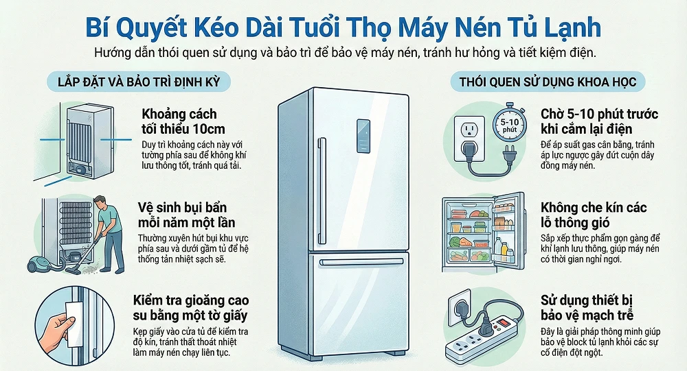 Lưu ý quan trọng để duy trì độ bền cho máy nén tủ lạnh