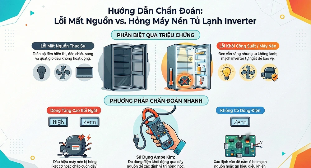 Phân biệt lỗi mất nguồn và lỗi máy nén không chạy