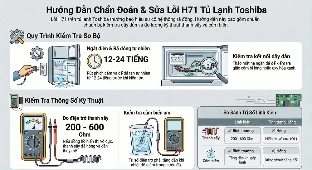 Các bước kiểm tra và tự sửa tủ lạnh Toshiba báo lỗi H71 cơ bản