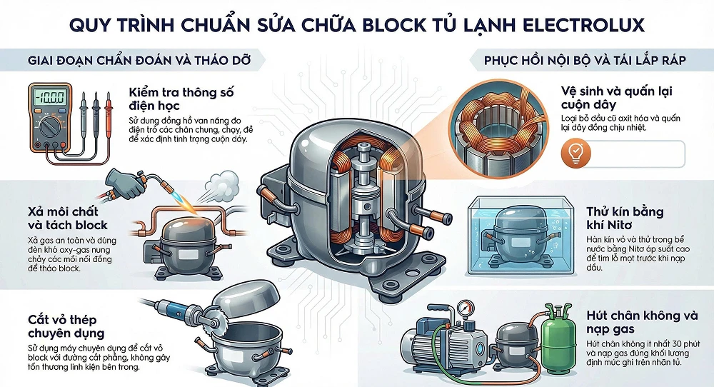 Quy trình kỹ thuật sửa block tủ lạnh Electrolux tiêu chuẩn