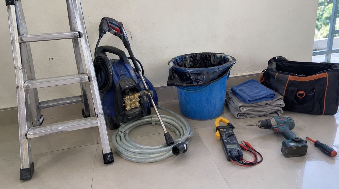Dụng cụ chuẩn bị khi đi vệ sinh máy lạnh vinhomes quận 9.