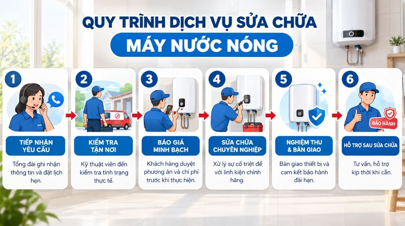 Quy trình 6 bước phục vụ minh bạch cam kết nghiệm thu và bảo hành đầy đủ.