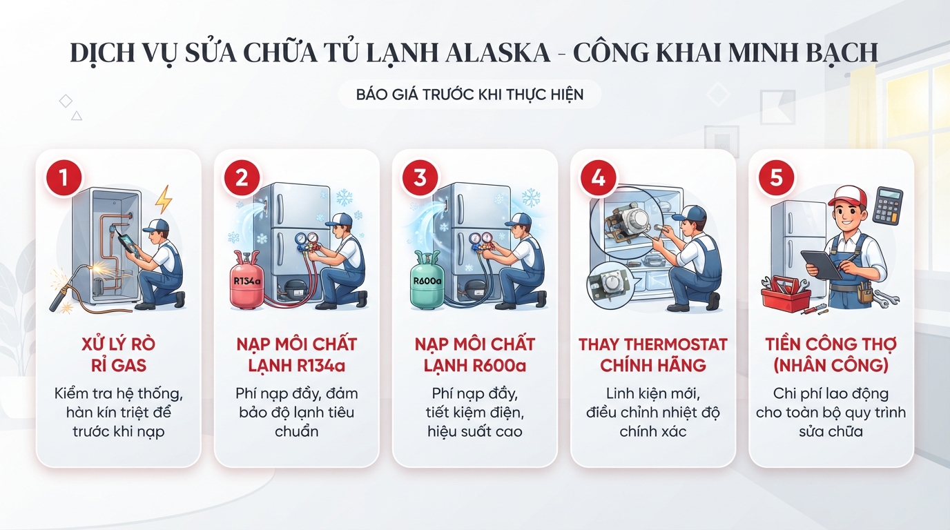 Bảng giá thay linh kiện Alaska chính hãng được công khai minh bạch trước khi thực hiện. Bảng giá thay linh kiện Alaska chính hãng được công khai minh bạch trước khi thực hiện.