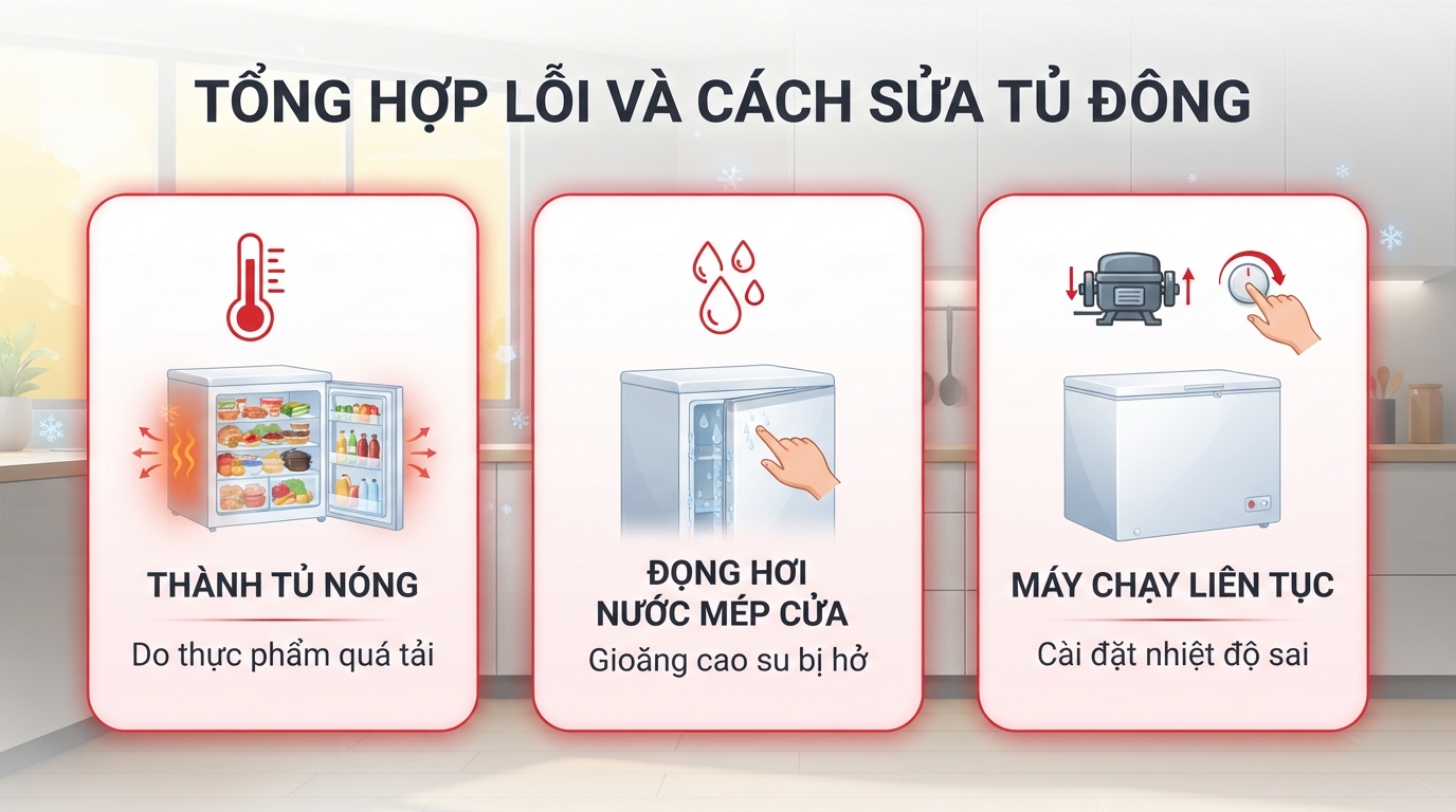 Bảng tổng hợp dấu hiệu và cách sửa chữa tủ đông hiệu quả cho các lỗi vận hành cơ bản.