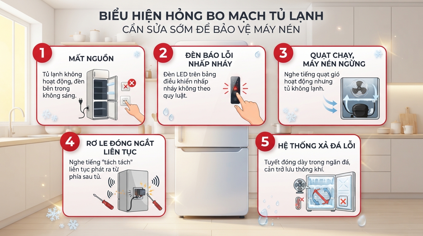 Biểu hiện sự cố cần sửa bo mạch tủ lạnh electrolux sớm để bảo vệ máy nén. Biểu hiện sự cố cần sửa bo mạch tủ lạnh electrolux sớm để bảo vệ máy nén.