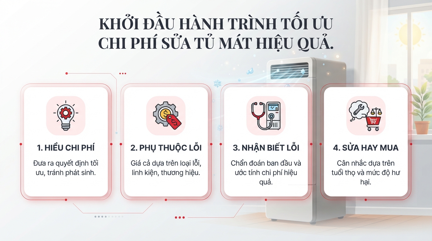 Bốn yếu tố chính ảnh hưởng bảng giá sửa tủ mát gồm mức độ hỏng và thương hiệu thiết bị.
