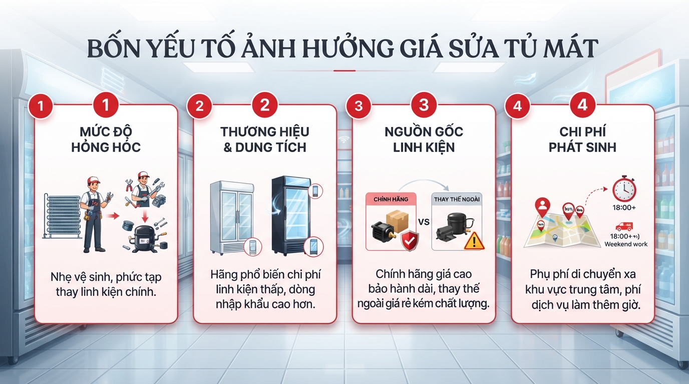 Bốn yếu tố chính ảnh hưởng bảng giá sửa tủ mát gồm mức độ hỏng và thương hiệu thiết bị.
