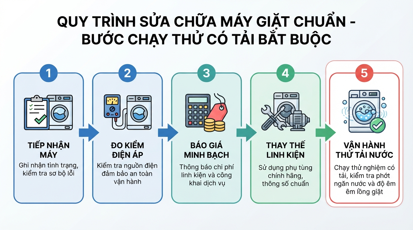 Bước chạy thử có tải bắt buộc nhằm kiểm tra phớt ngăn nước và độ êm lồng giặt.