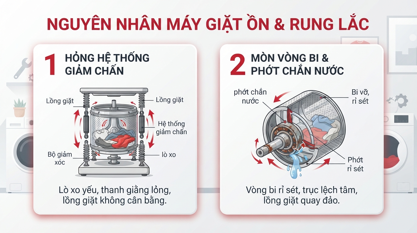 Các bộ phận giảm xóc và vòng bi thường gây tiếng ồn lớn khi bị hư hỏng.