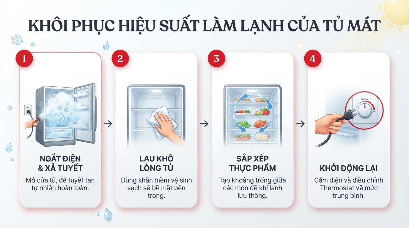 Các bước xả tuyết và vệ sinh giúp khôi phục hiệu suất làm lạnh.
