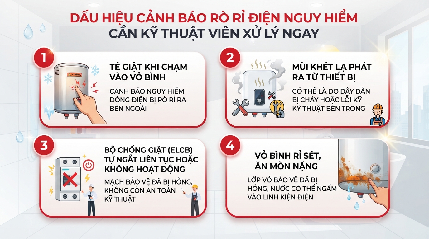 Các dấu hiệu cảnh báo rò rỉ điện nguy hiểm cần được kỹ thuật viên xử lý ngay.
