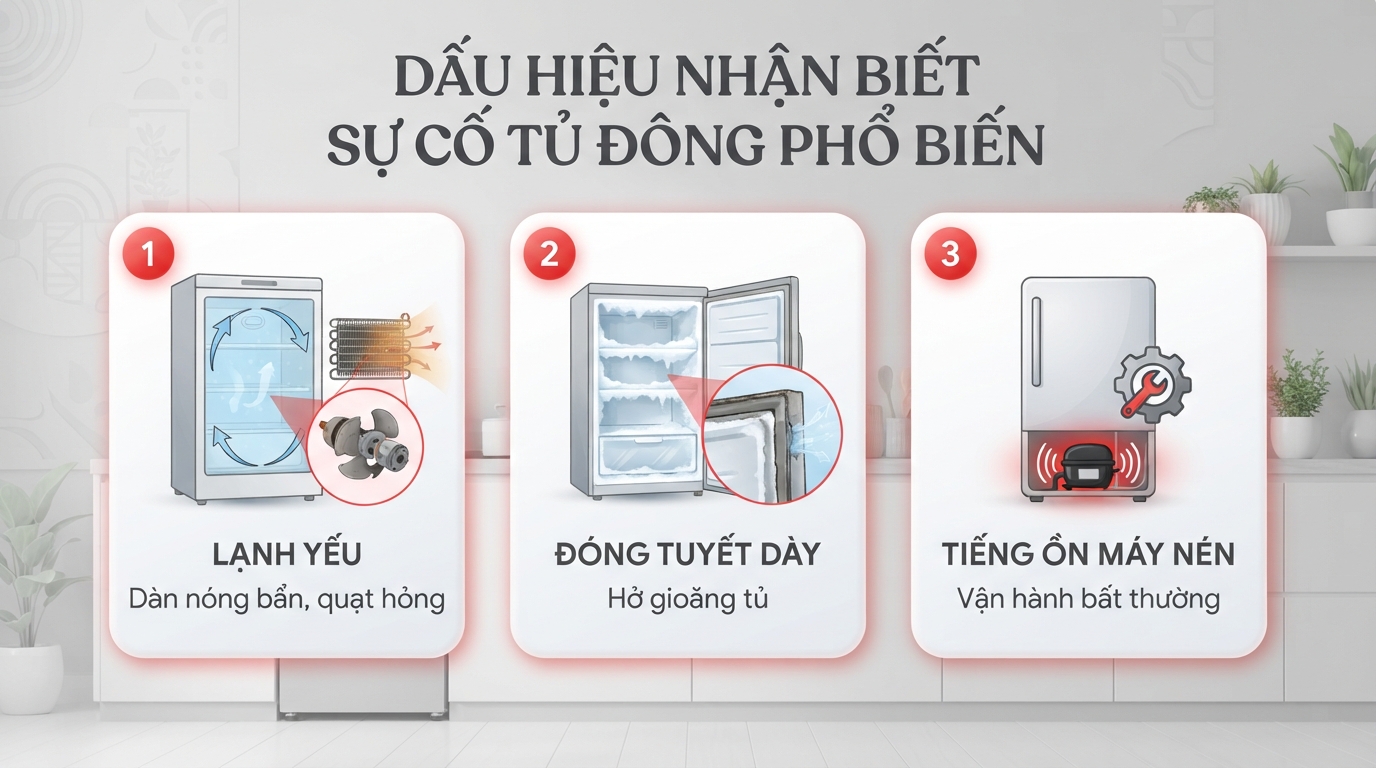 Các dấu hiệu nhận biết sự cố thường gặp trên dòng tủ đông Sanaky phổ biến.