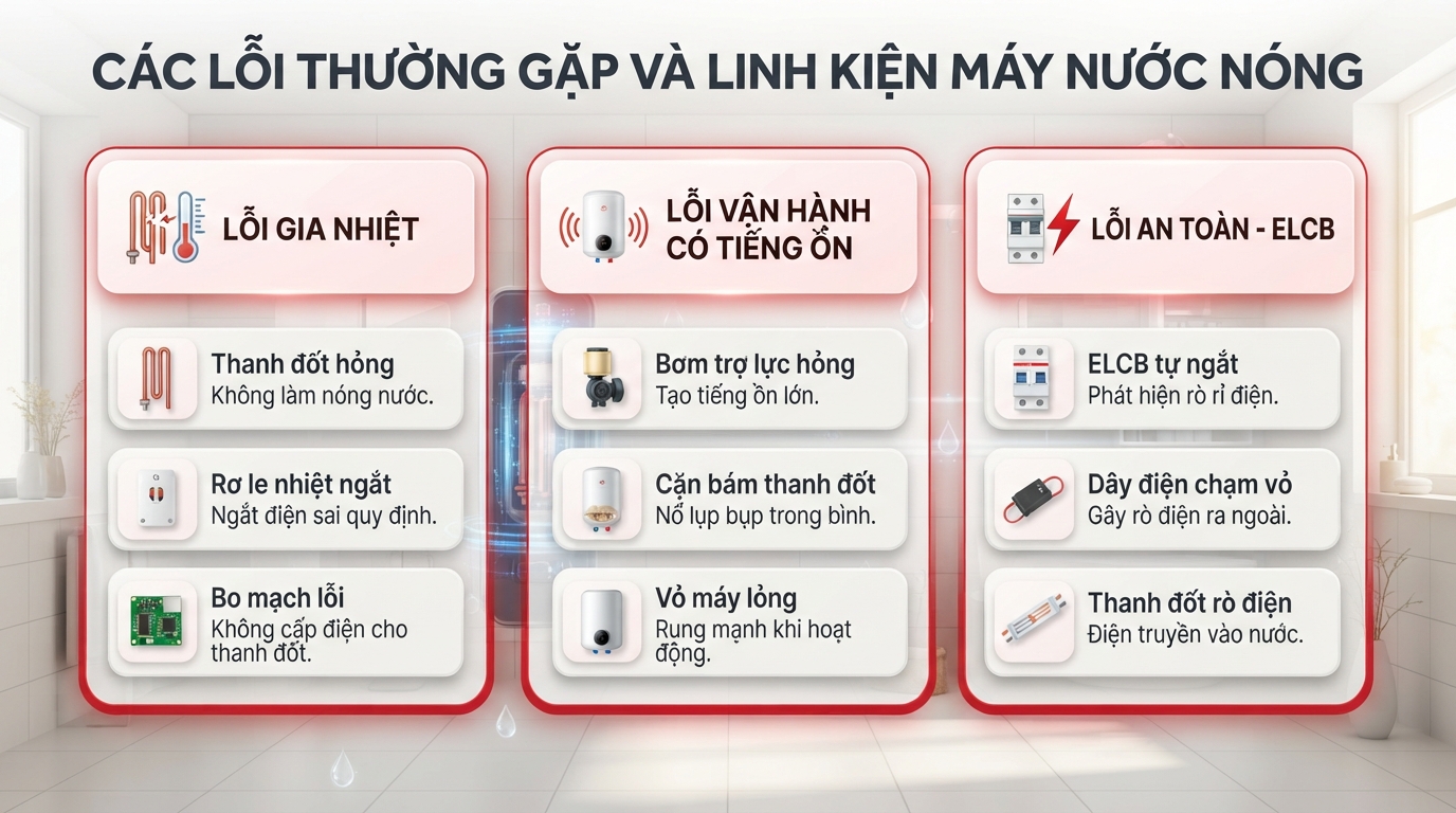 Các lỗi thường gặp và linh kiện liên quan khi sửa máy nước nóng hcm tại nhà.