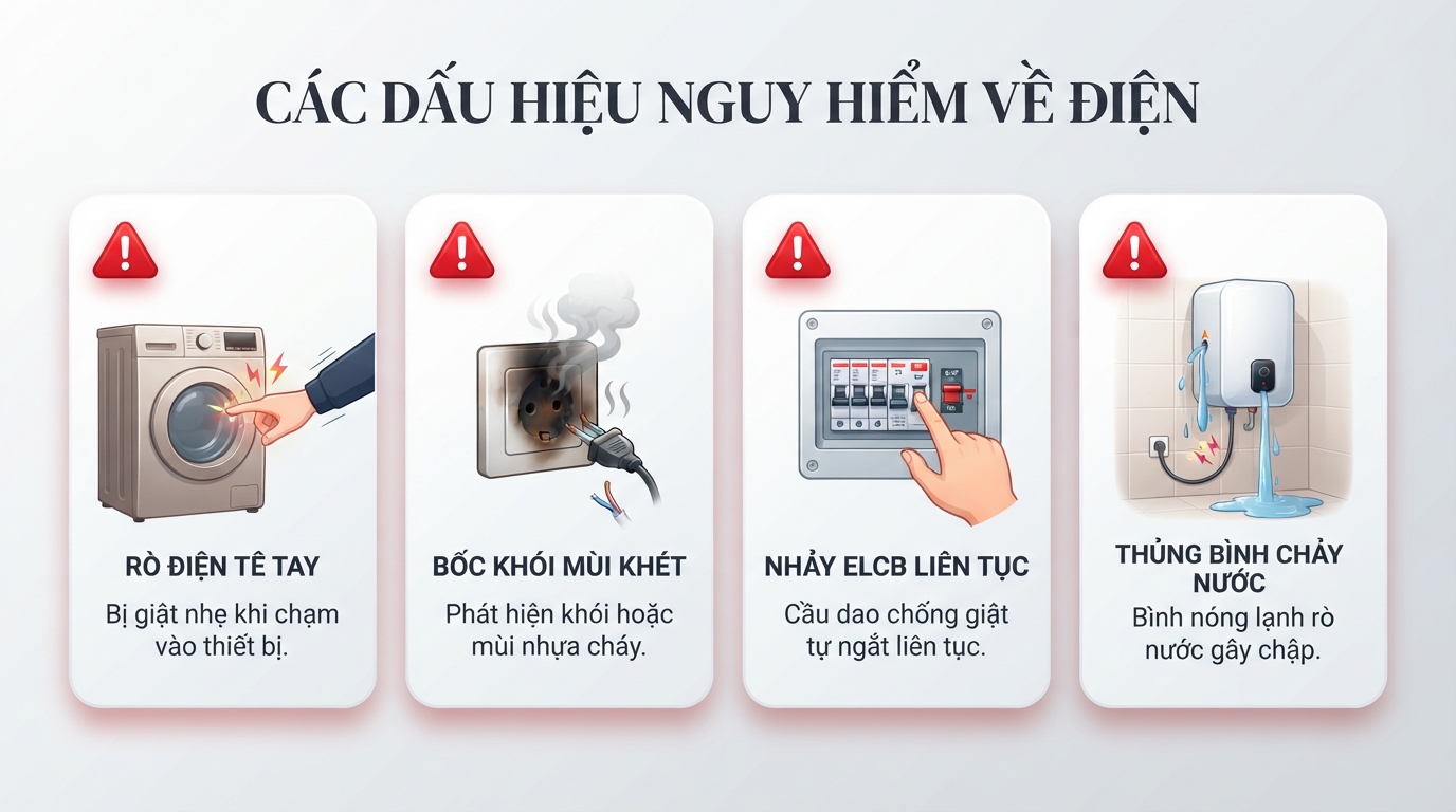 Các tình huống rủi ro điện nguy hiểm cần ngắt nguồn và gọi thợ ngay.