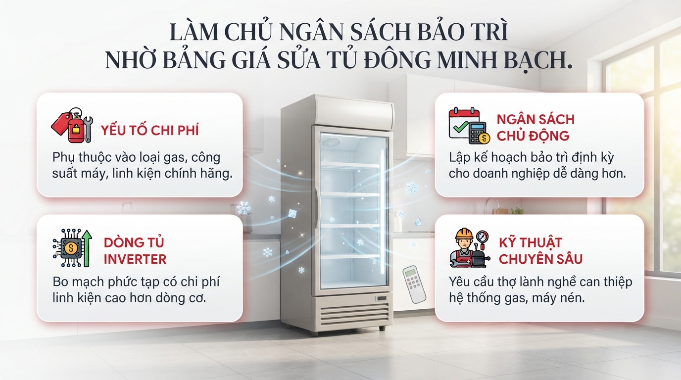 Các yếu tố chính ảnh hưởng trực tiếp đến bảng giá sửa tủ đông hiện nay.