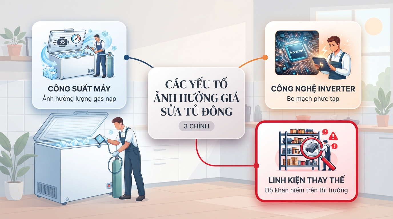 Các yếu tố chính ảnh hưởng trực tiếp đến bảng giá sửa tủ đông hiện nay.