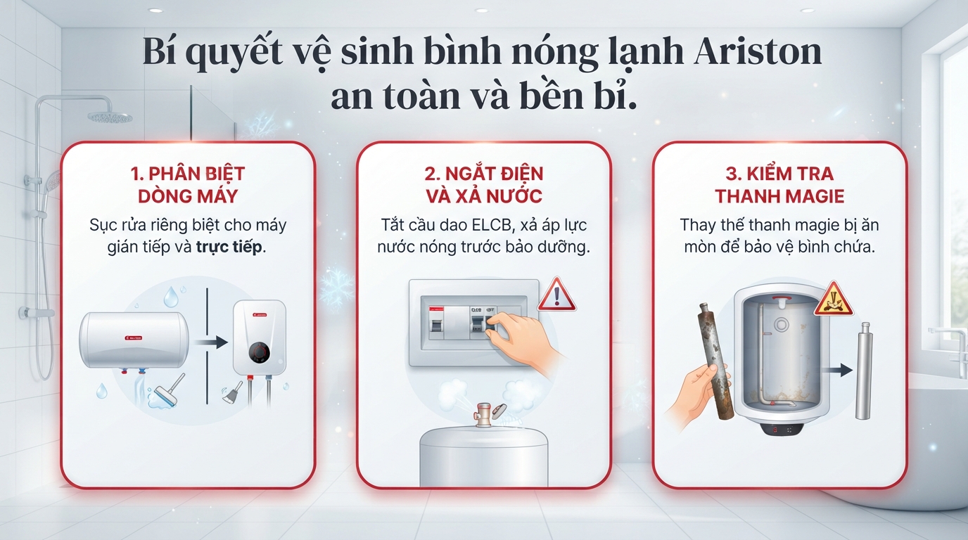 Cách vệ sinh máy nước nóng Ariston định kỳ giúp bảo vệ thanh đốt khỏi mảng bám canxi.