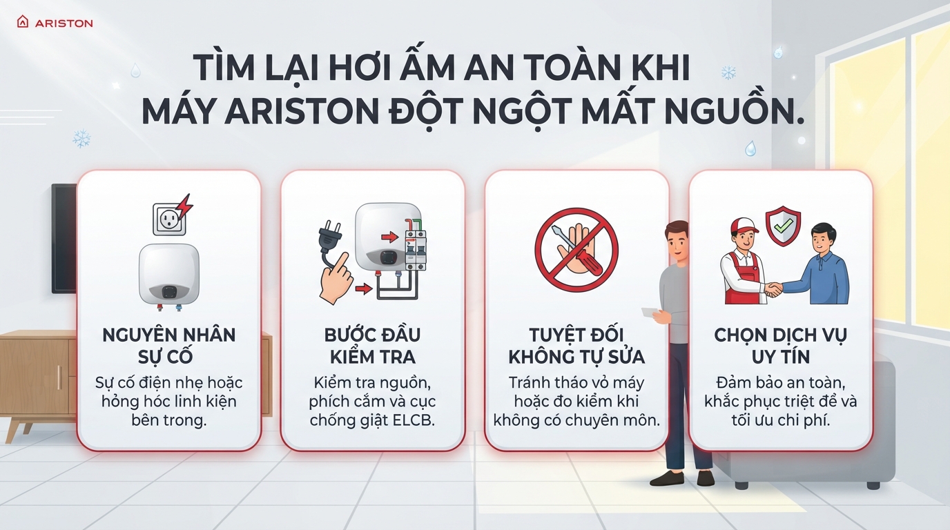 Cần ngắt điện trước khi tiến hành sửa máy nước nóng ariston mất nguồn do rò rỉ.