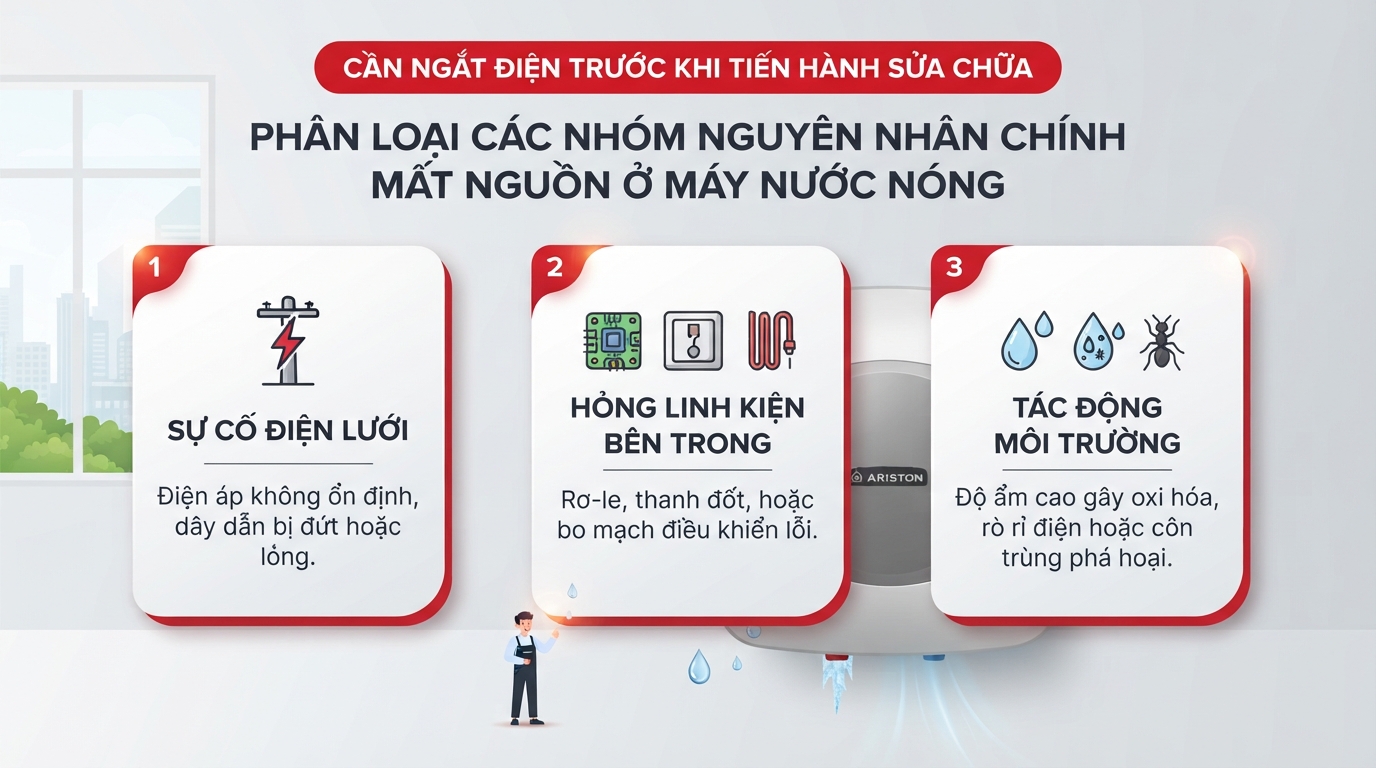 Cần ngắt điện trước khi tiến hành sửa máy nước nóng ariston mất nguồn do rò rỉ. Cần ngắt điện trước khi tiến hành sửa máy nước nóng ariston mất nguồn do rò rỉ.