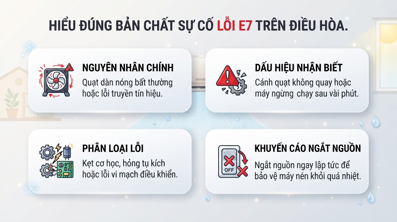 Cần sửa điều hòa báo lỗi e7 khi vi mạch tự ngắt do mất xung quạt.