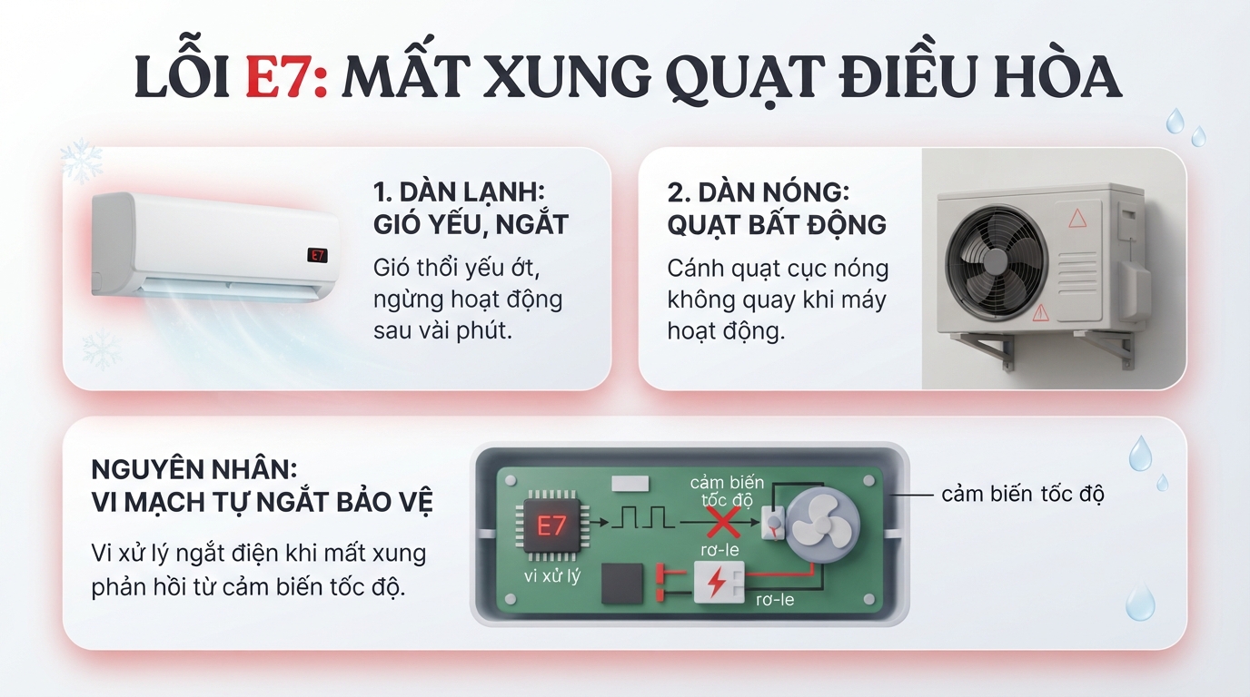 Cần sửa điều hòa báo lỗi e7 khi vi mạch tự ngắt do mất xung quạt.
