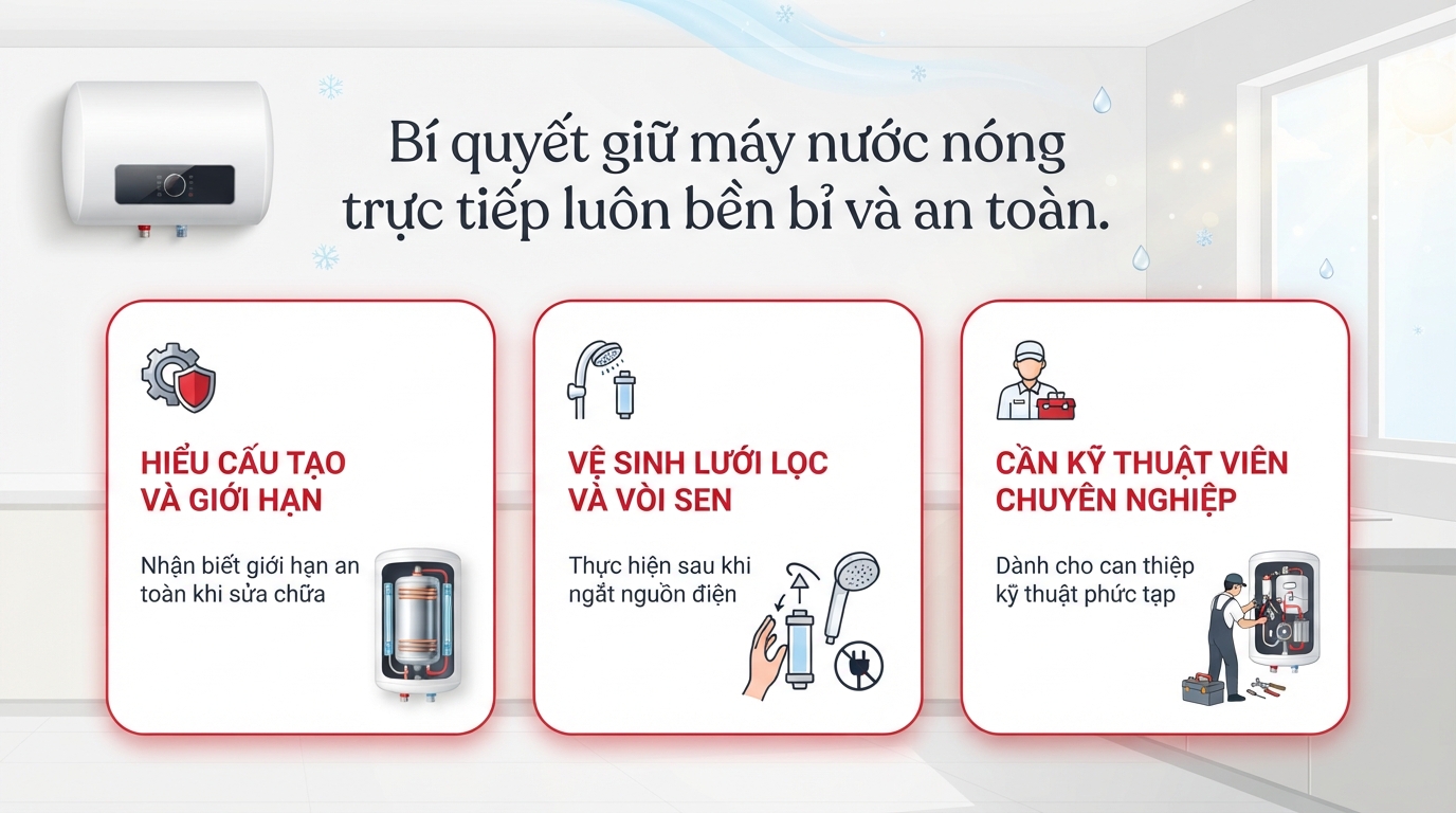 Cấu tạo các bộ phận quan trọng khi vệ sinh máy nước nóng trực tiếp.