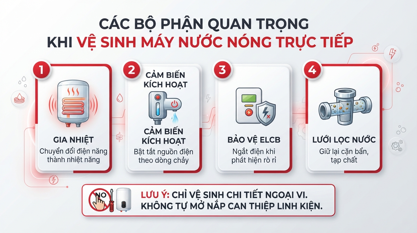 Cấu tạo các bộ phận quan trọng khi vệ sinh máy nước nóng trực tiếp. Cấu tạo các bộ phận quan trọng khi vệ sinh máy nước nóng trực tiếp.