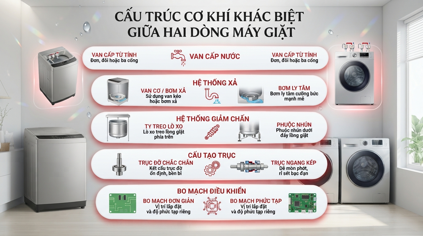 Cấu trúc cơ khí khác biệt giữa hai dòng máy giặt.