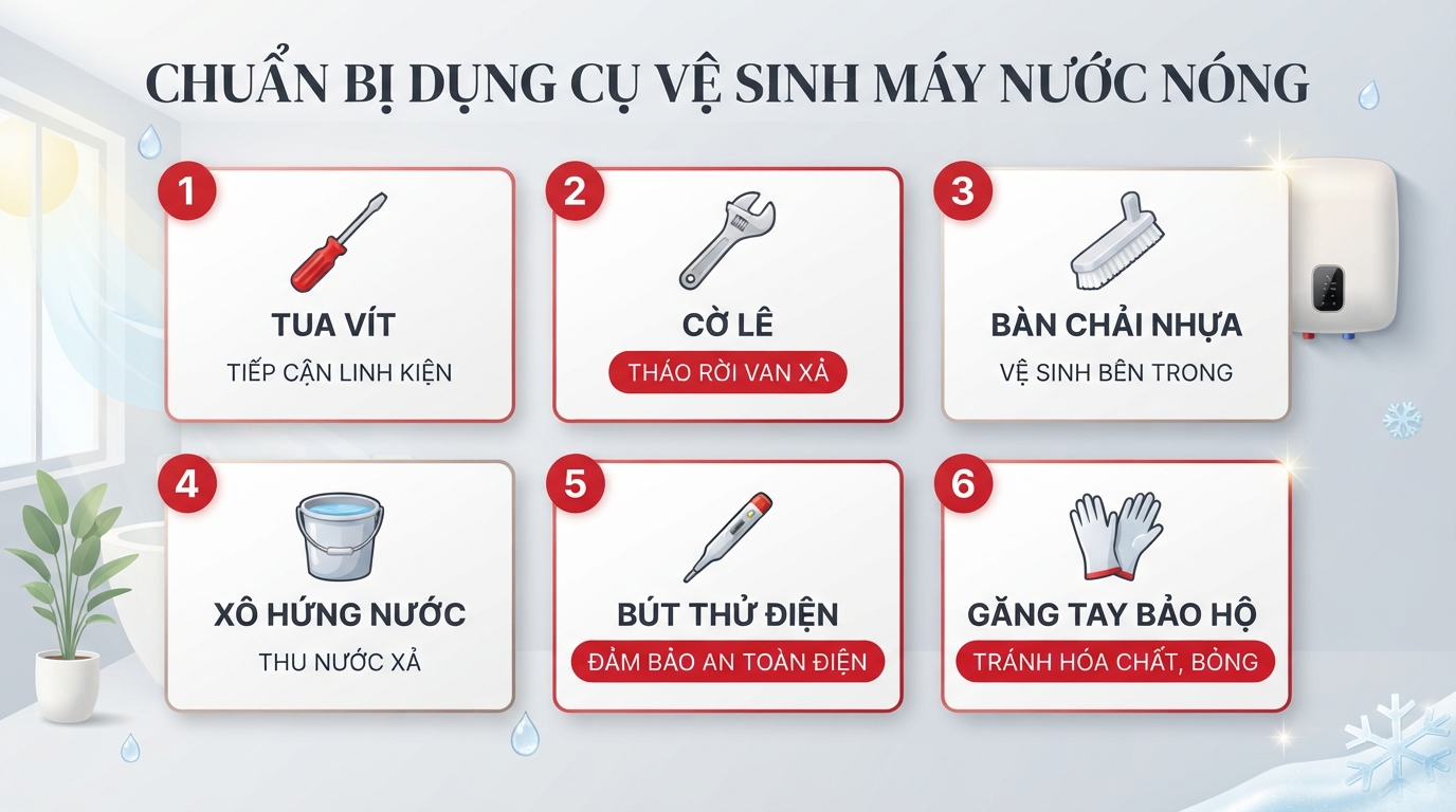 Chuẩn bị đầy đủ tua vít, cờ lê, bút thử điện và bảo hộ trước khi vệ sinh.