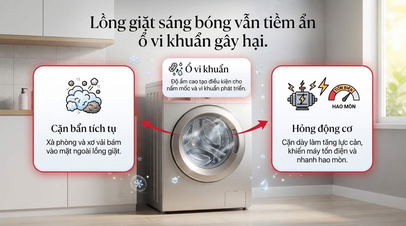 Cửa trên đọng cặn ở mâm, còn cửa ngang tích tụ tại gioăng cao su.