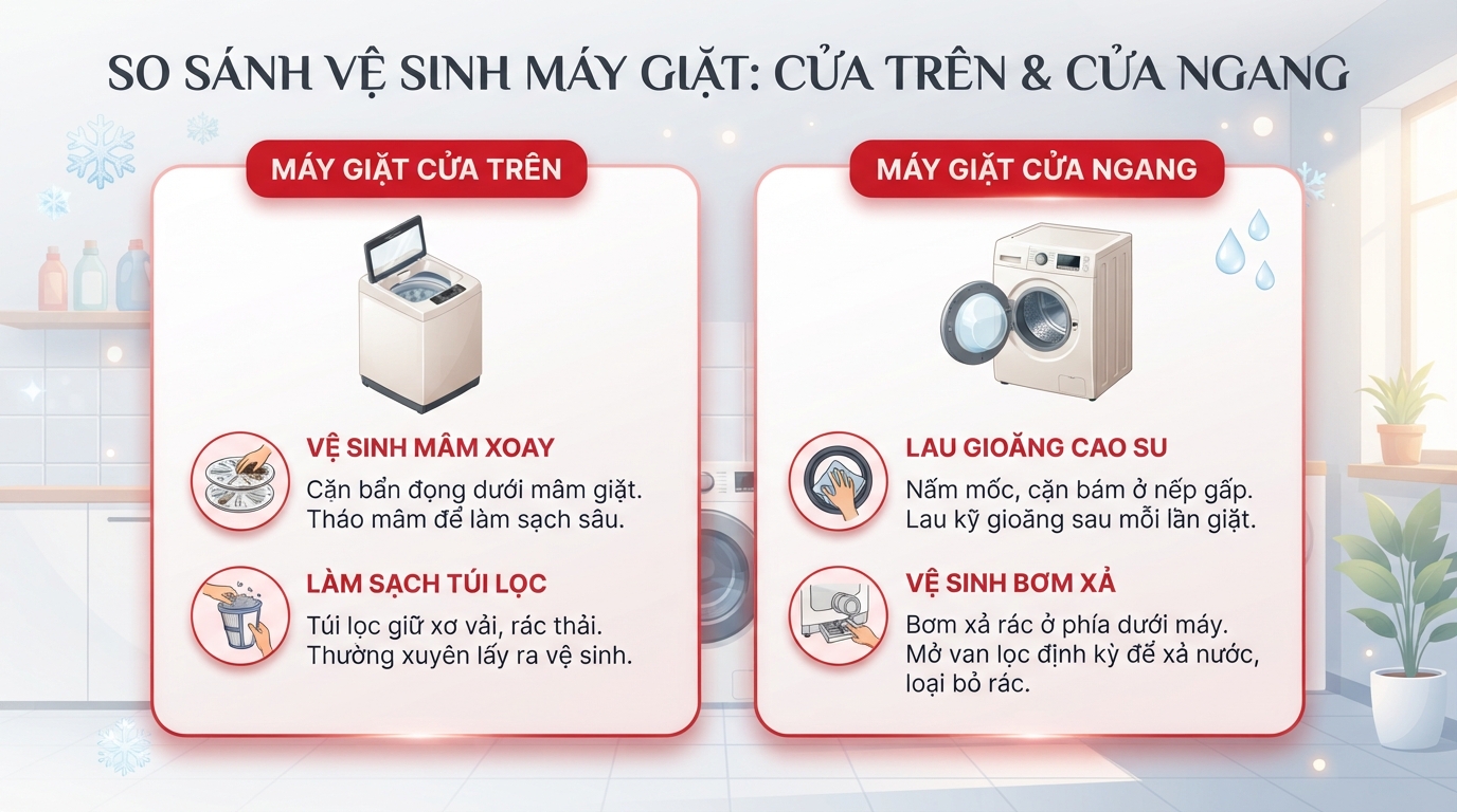 Cửa trên đọng cặn ở mâm, còn cửa ngang tích tụ tại gioăng cao su.