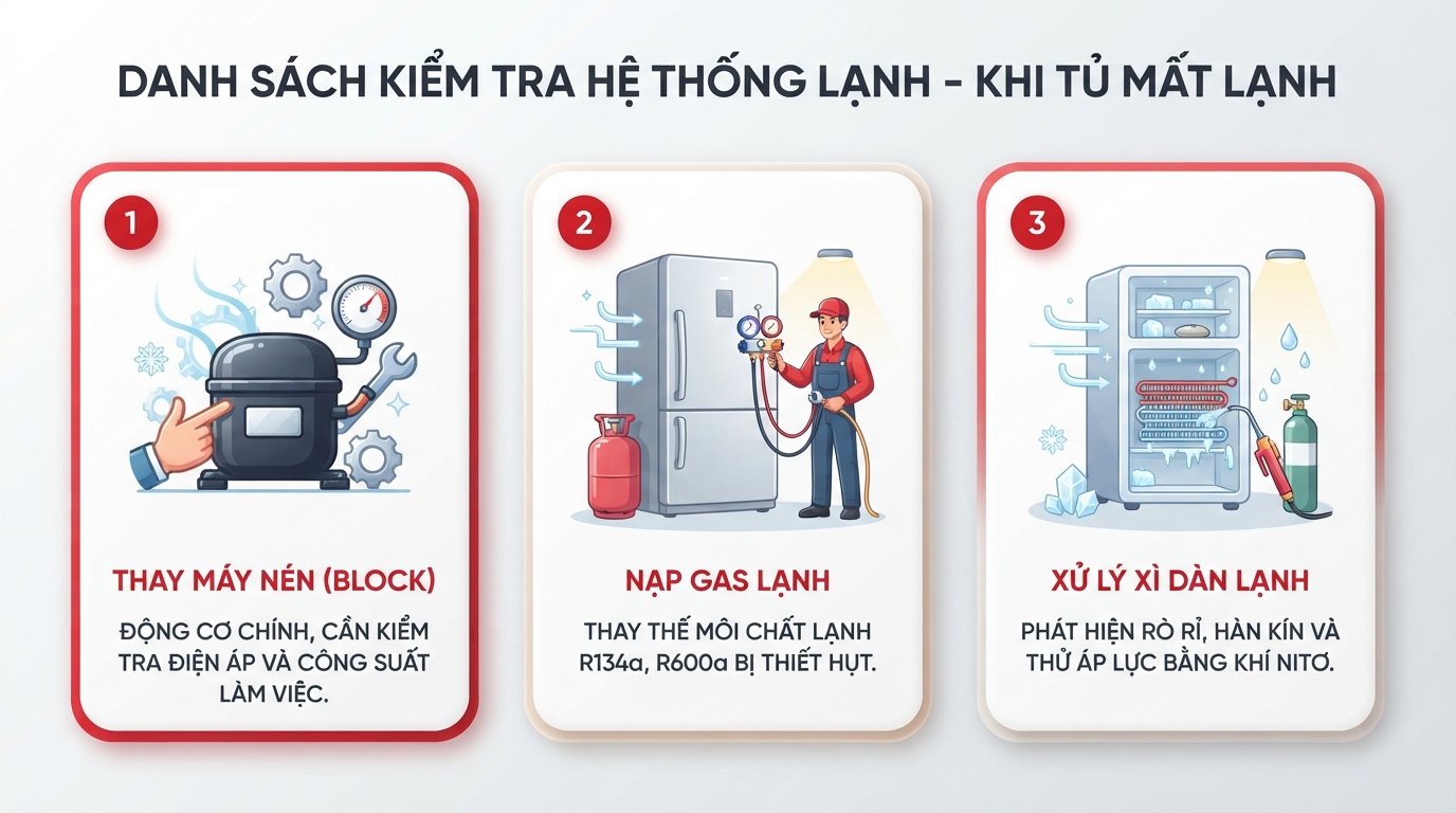 Danh sách linh kiện hệ thống lạnh quan trọng cần kiểm tra khi tủ mất lạnh.