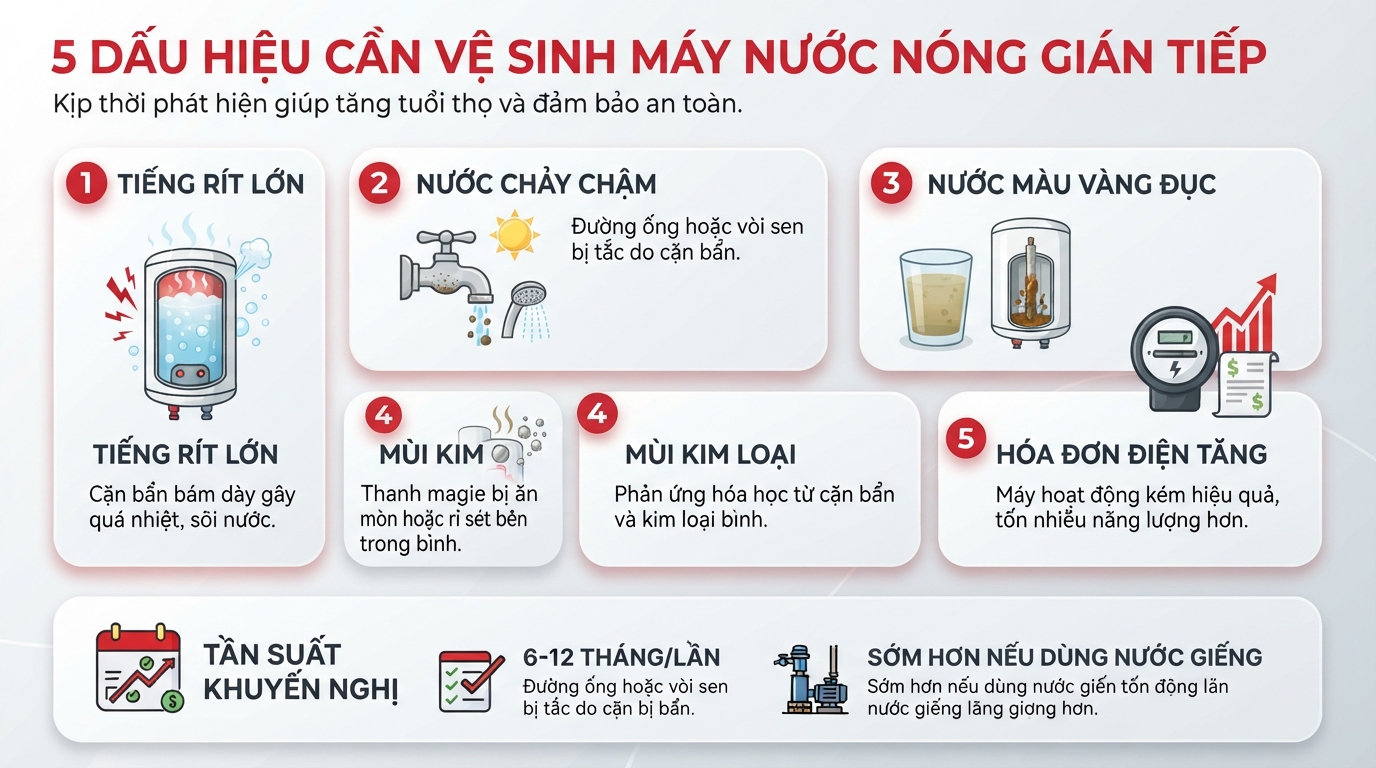Dấu hiệu bất thường cần lưu ý để vệ sinh máy nước nóng gián tiếp kịp thời.