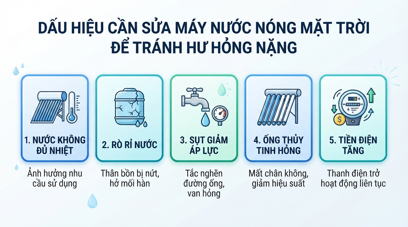 Dấu hiệu cảnh báo cần sửa máy nước nóng mặt trời tphcm để tránh hư hỏng nặng.