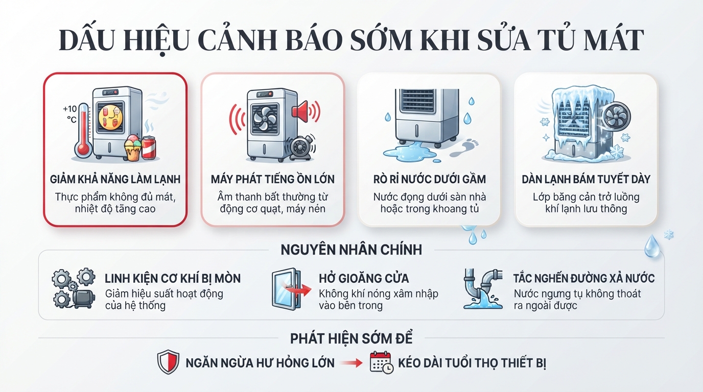 Dấu hiệu cảnh báo sớm giúp quy trình sửa chữa tủ mát alaska đạt hiệu quả cao.