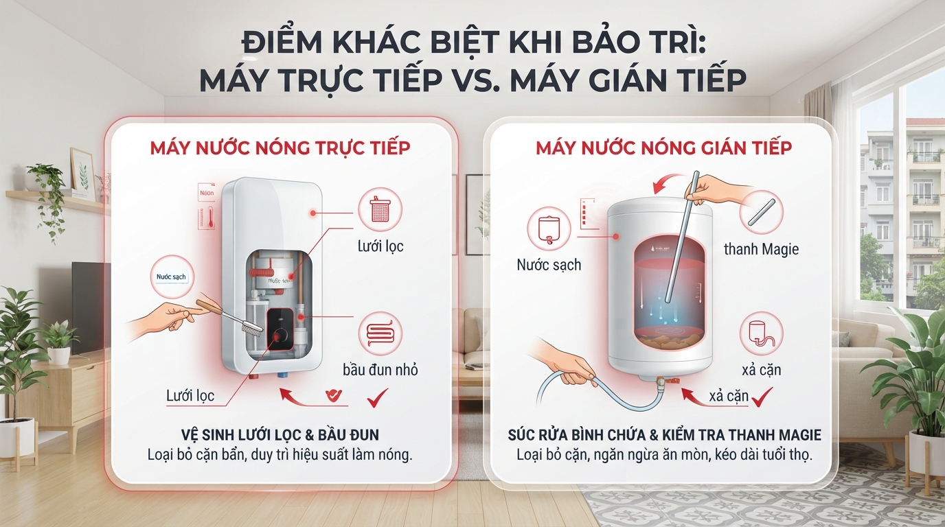 Điểm khác biệt khi bảo trì giữa máy trực tiếp không bình chứa và máy gián tiếp Panasonic. Điểm khác biệt khi bảo trì giữa máy trực tiếp không bình chứa và máy gián tiếp Panasonic.