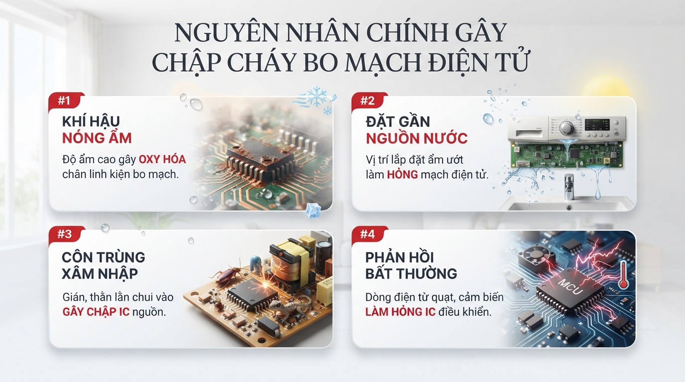 Độ ẩm môi trường và côn trùng là nguyên nhân chính gây chập cháy bo mạch. Độ ẩm môi trường và côn trùng là nguyên nhân chính gây chập cháy bo mạch.
