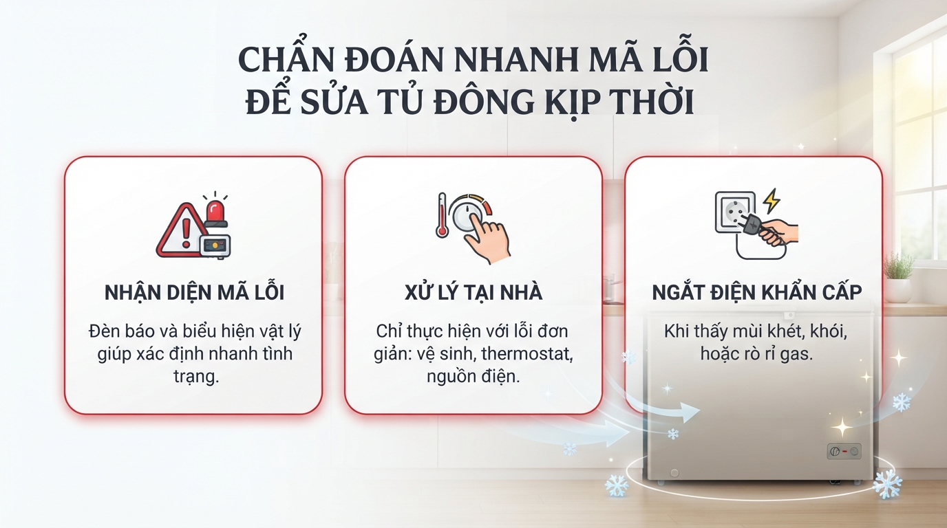 Hướng dẫn cách sửa tủ đông Sanaky qua bảng mã lỗi và triệu chứng phổ biến.