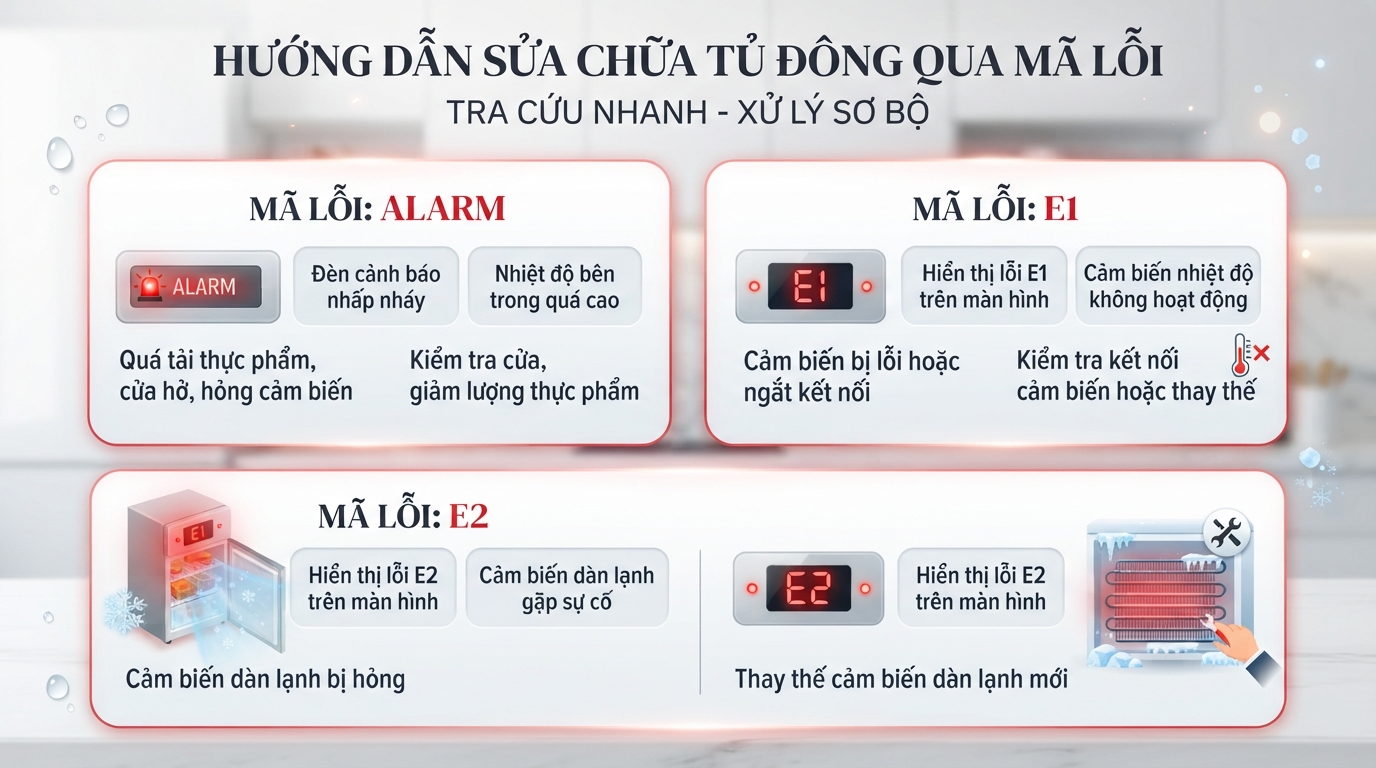Hướng dẫn cách sửa tủ đông Sanaky qua bảng mã lỗi và triệu chứng phổ biến. Hướng dẫn cách sửa tủ đông Sanaky qua bảng mã lỗi và triệu chứng phổ biến.