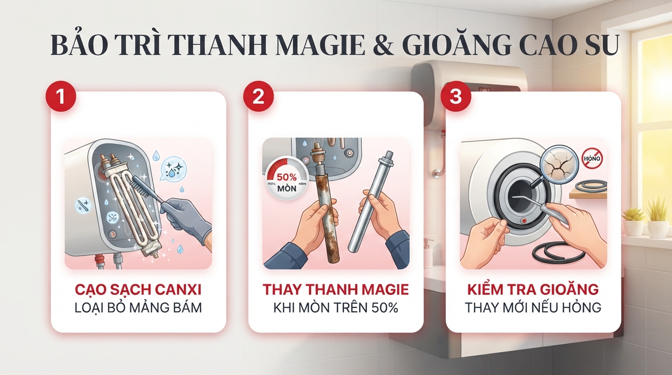 Kiểm tra tình trạng thanh magie và gioăng cao su để thay thế kịp thời giúp máy bền.