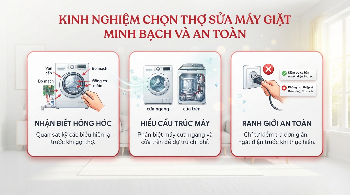 Kinh nghiệm chọn thợ sửa máy giặt minh bạch và an toàn.