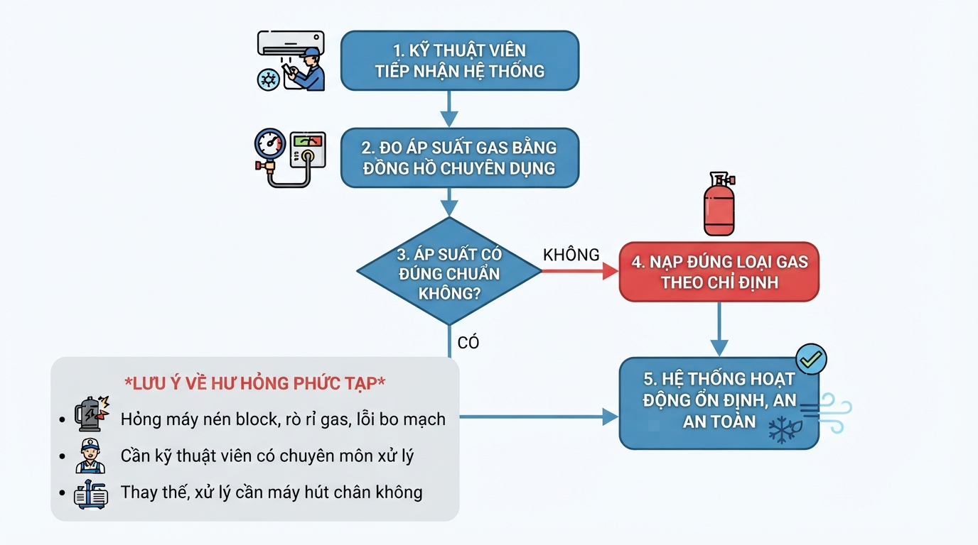 Kỹ thuật viên cần đo áp suất gas bằng đồng hồ chuyên dụng trước khi nạp.