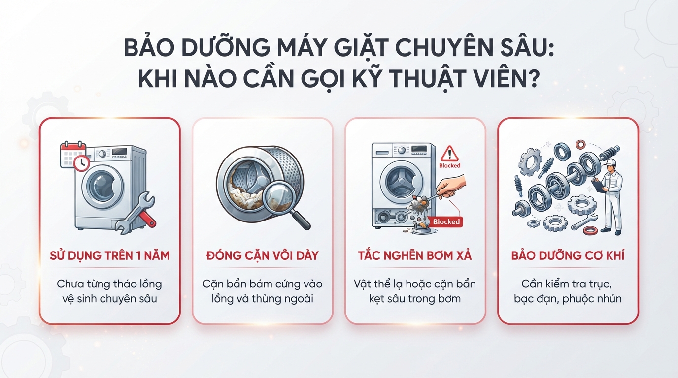 Kỹ thuật viên dùng thiết bị chuyên dụng tháo lồng giặt xử lý cặn cứng đầu.