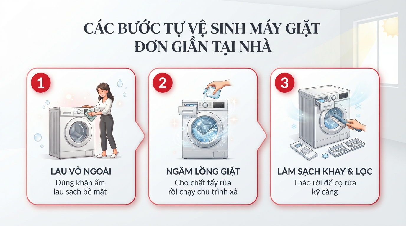 Kỹ thuật viên tháo rời lồng giặt cọ rửa cặn cứng bằng máy áp lực cao.