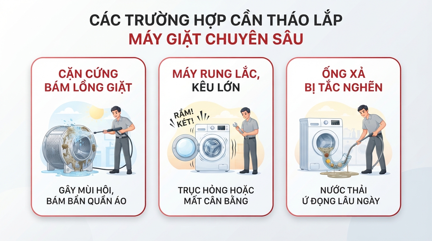 Kỹ thuật viên tháo rời lồng giặt cọ rửa cặn cứng bằng máy áp lực cao.