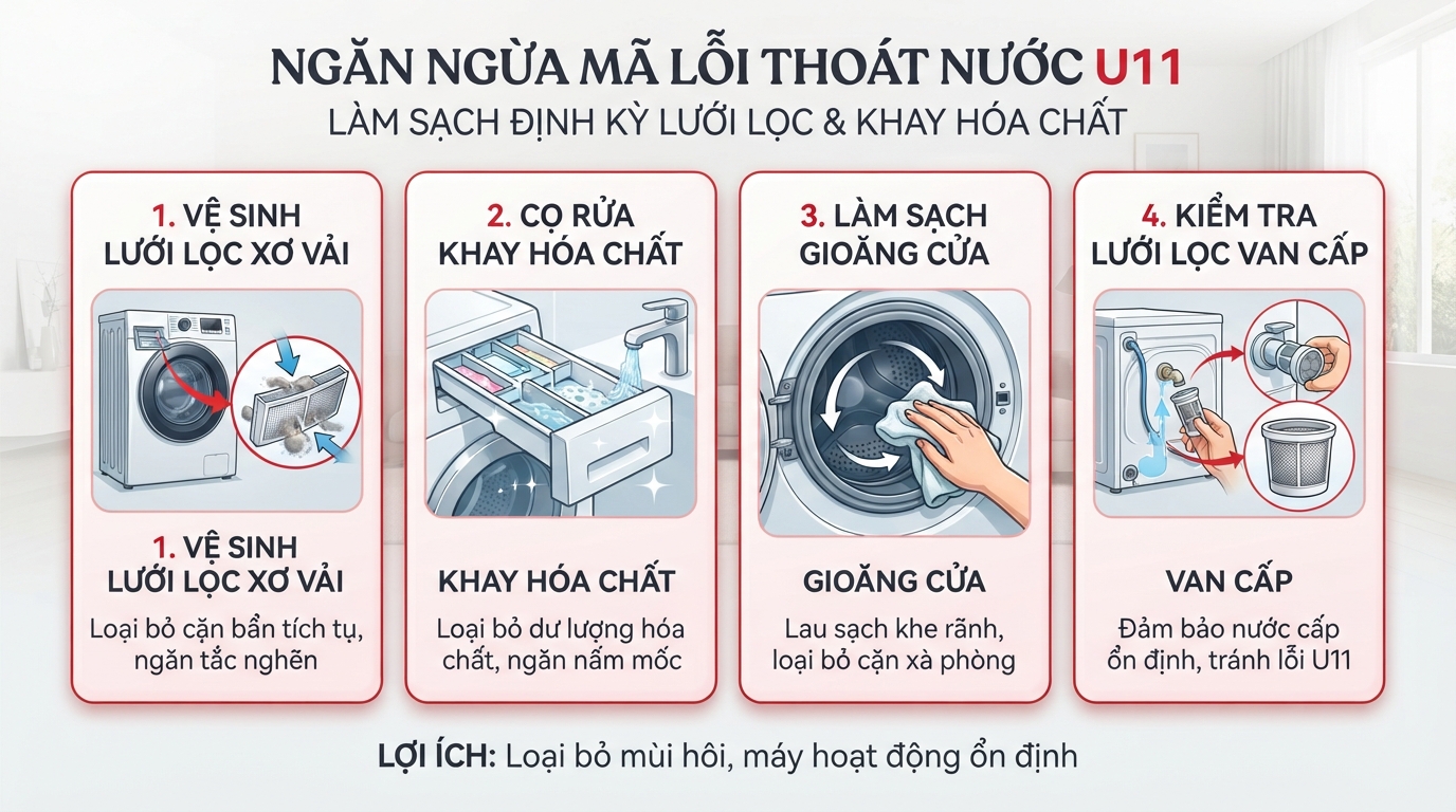 Làm sạch lưới lọc và khay hóa chất định kỳ ngăn ngừa hiệu quả mã lỗi thoát nước U11. Làm sạch lưới lọc và khay hóa chất định kỳ ngăn ngừa hiệu quả mã lỗi thoát nước U11.