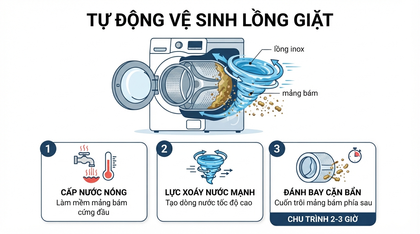 Lực xoáy nước mạnh mẽ đánh tan mảng bám tích tụ phía sau lồng inox.
